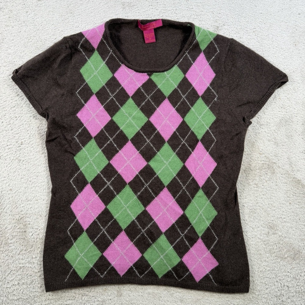 Cashmere Cache Sweater Womens Medium (Fits Small) Brown Argyle 100% Short Sleeve